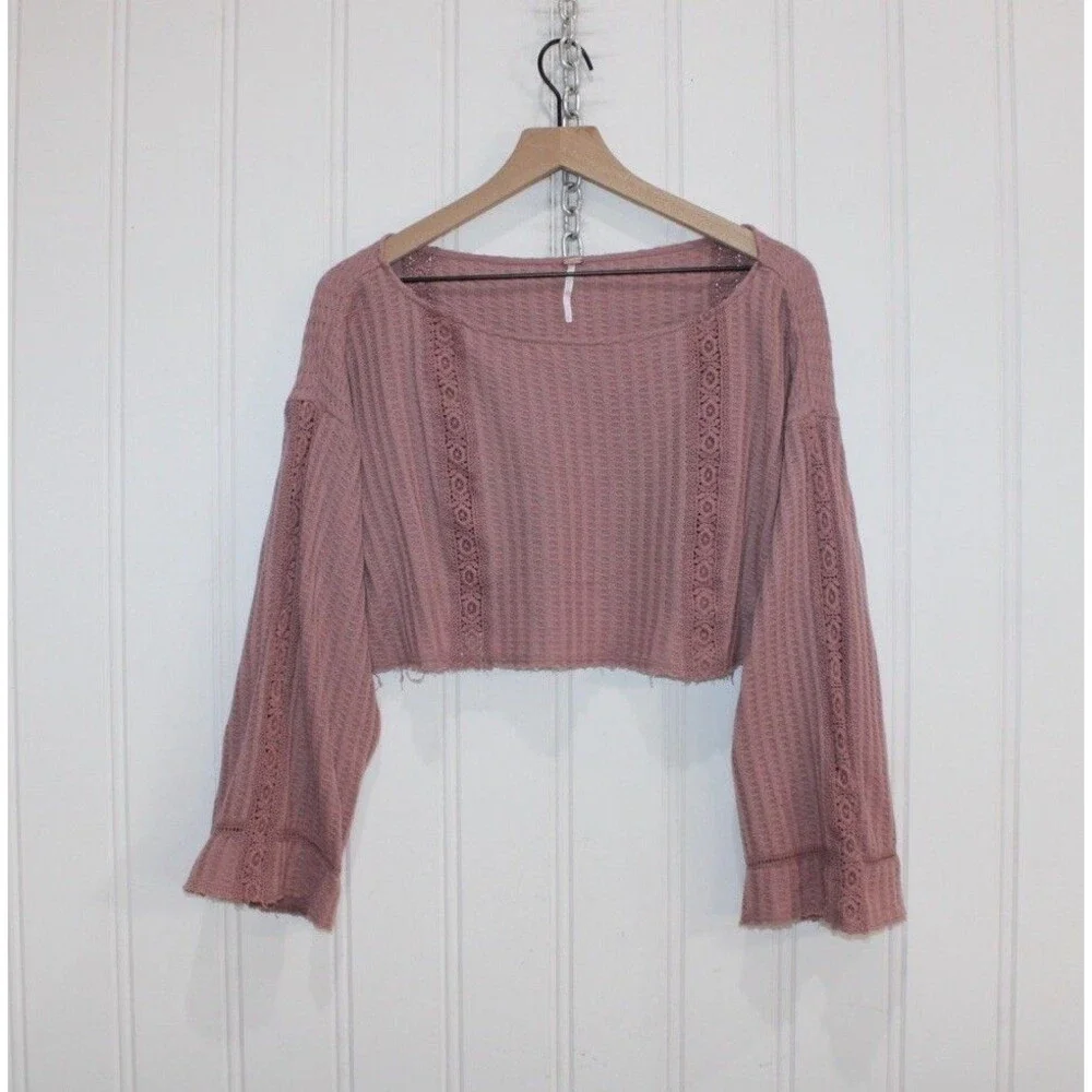 Free People Womens Waffle Knit Lace Crop Top Pink Boho Long‎ Sleeve Textured S